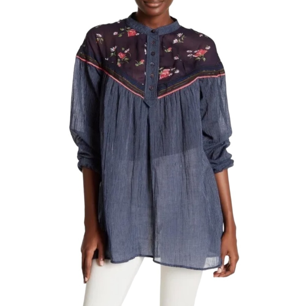 FREE People Navy Blue Pinstripe Sheer Floral Boho Oversized Tunic Blouse Top - Picture 16 of 16